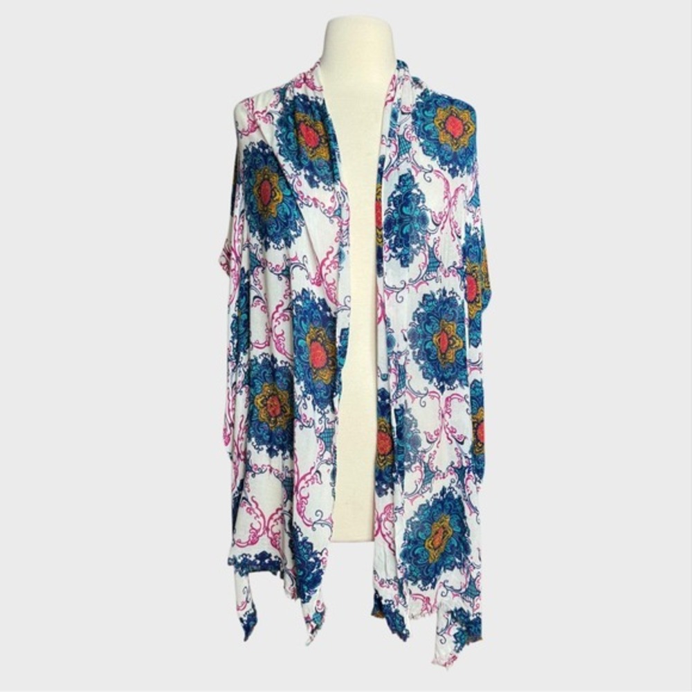 Vintage White Blue Beaded Boho Medallion Scarf Bohemian Festival Hippie